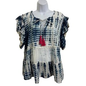 THML Tie Dye Tunic Top‎ Blue White Tiered Ruffle Sleeve Boho Summer Blouse XL